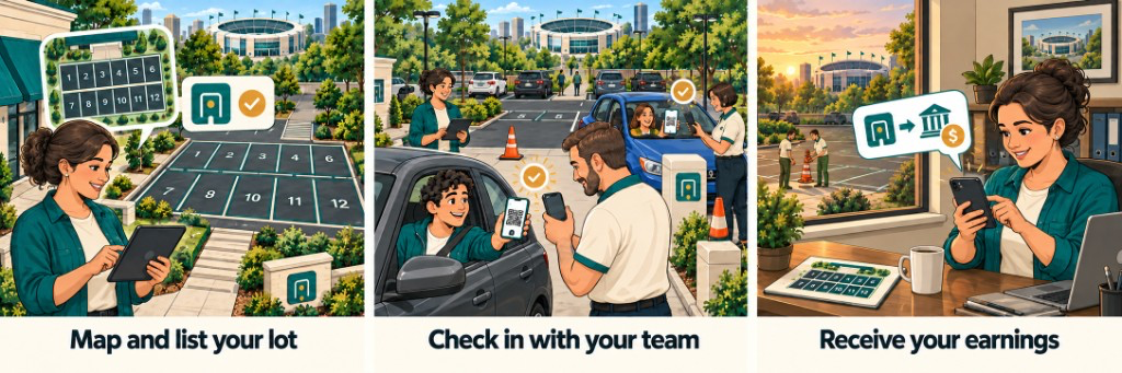 The Lot Crew illustration series: Scene 1 Map and list your lot, Scene 2 Check in with your team, Scene 3 Receive your earnings.
